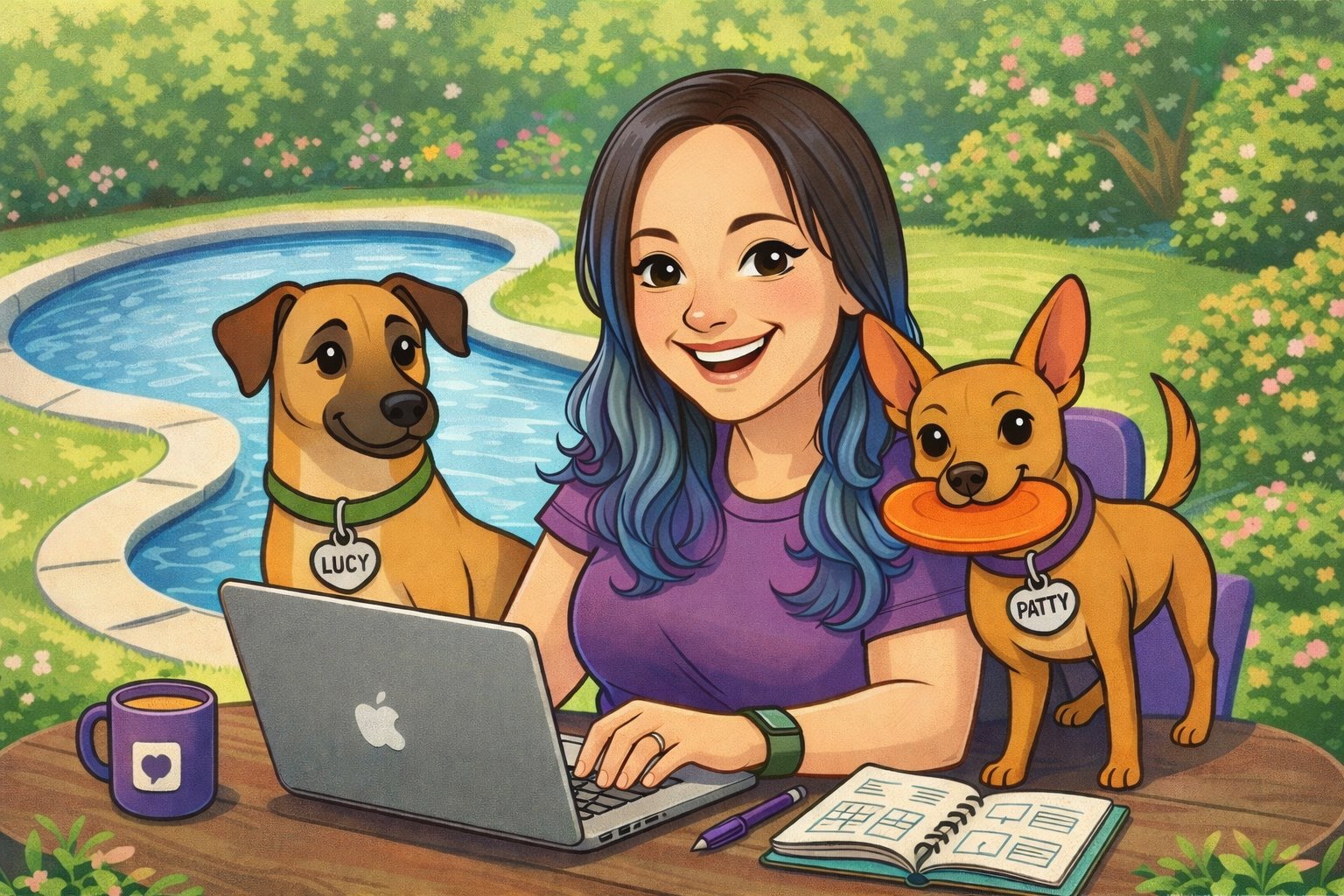 Cher working on her laptop in the backyard with Lucy and Patty