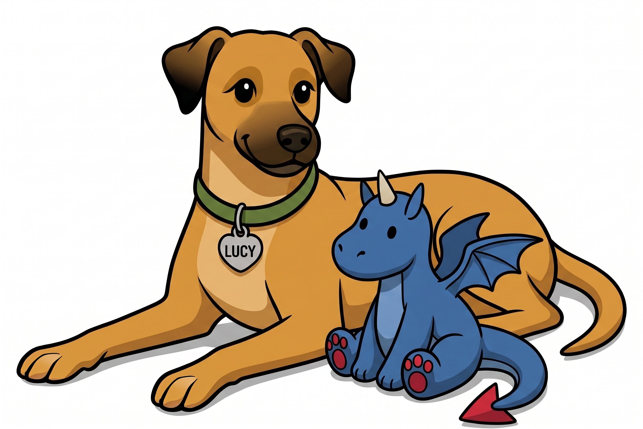 Lucy lying calmly with the blue dragon toy