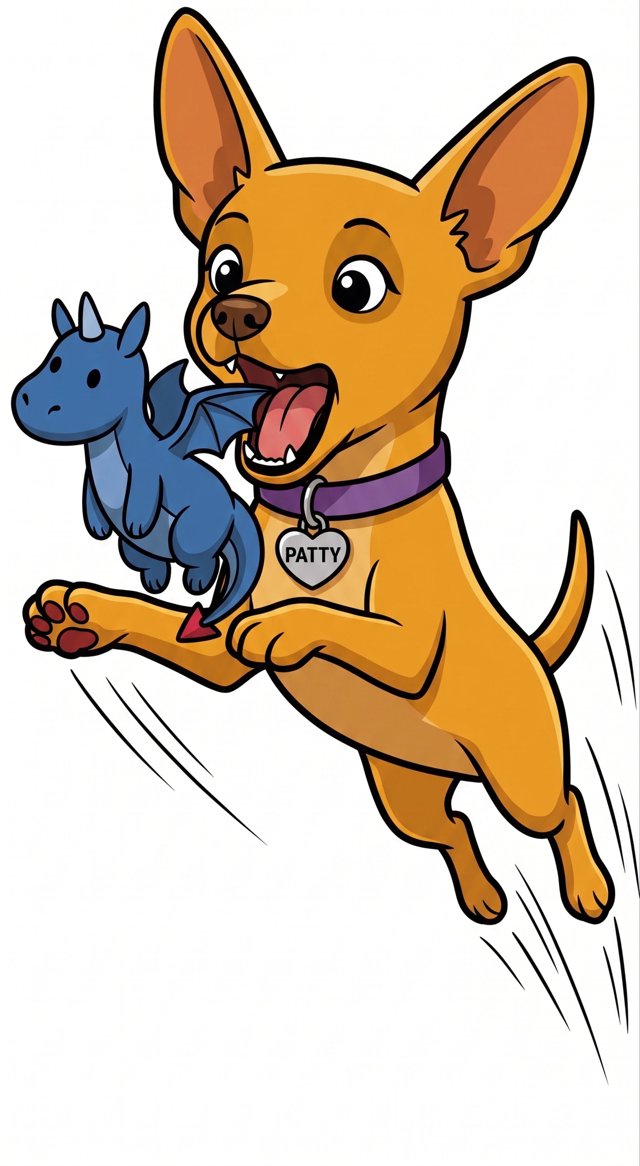 Patty mid-leap stealing the dragon toy