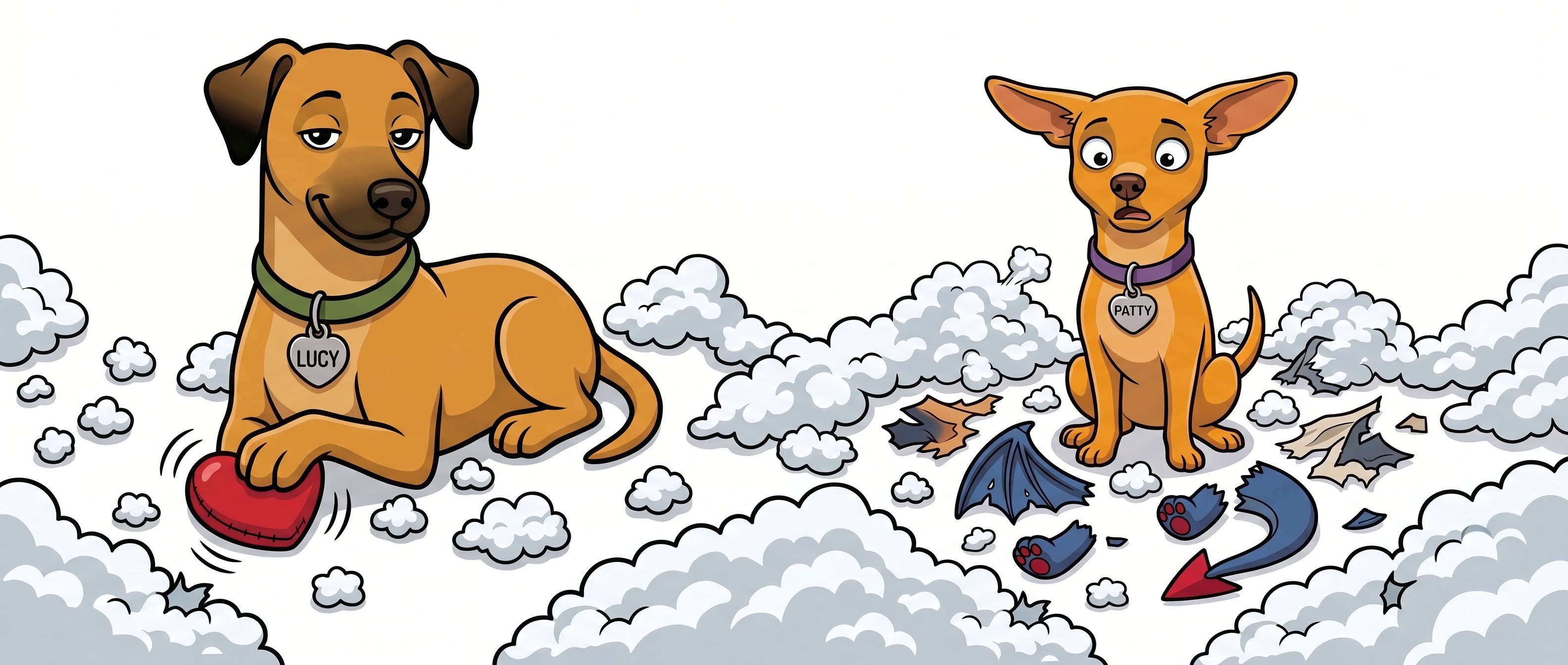 Lucy smug with squeaker, Patty stunned in the wreckage